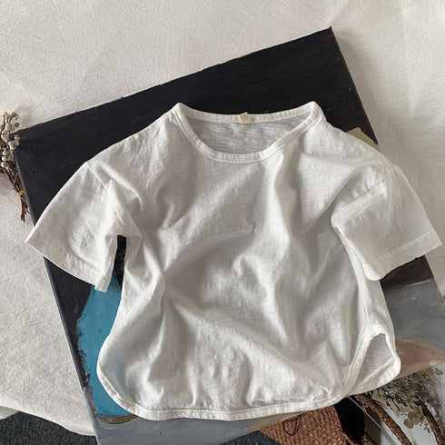 Summer Slub Cotton Short Sleeve Tee Solid Color White Crewneck Cotton Top